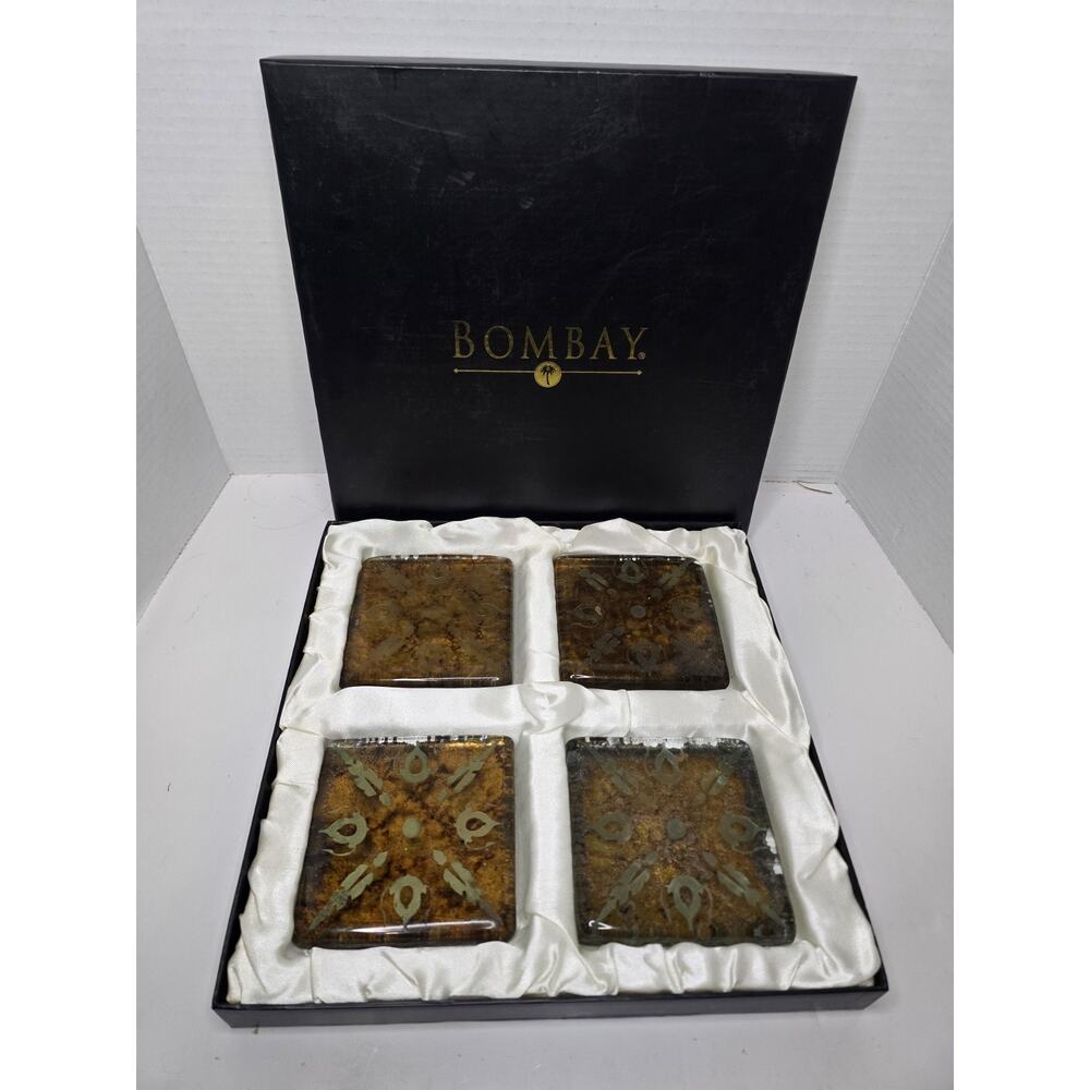 Bombay Co. Fused Cased Thick Glass Gold Tortoise Shell Etched Coasters Set/4 Vtg